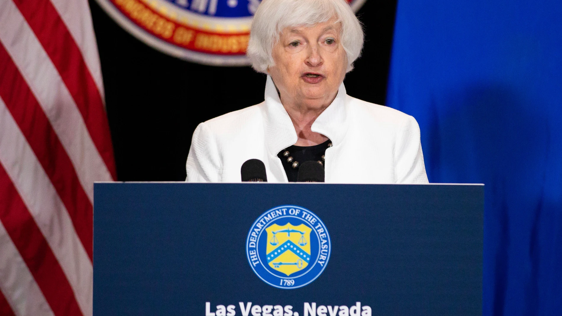 Secretary of Treasury Janet Yellen delivers remarks after a tour of the IBEW 357 Training Center which is training people for clean energy jobs on Monday, Aug. 14, 2023, in Las Vegas.(Daniel Pearson/Las Vegas Review-Journal via AP)