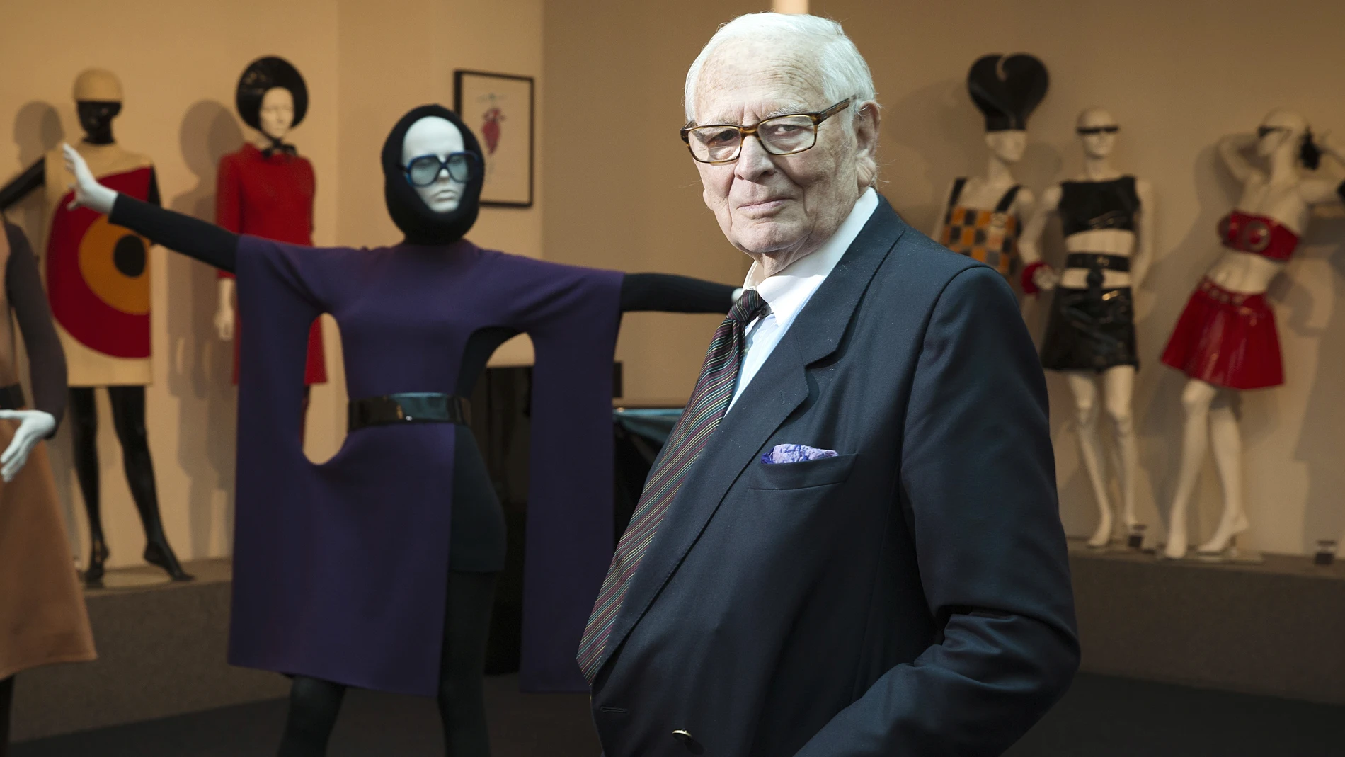 French designer Pierre Cardin poses on November 4, 2014 in his new musem, called "Passe-Present-Futur" ("Past-Present-Future"), which presents 200 Haute Couture outfits in Paris. Cardin, 92, will inaugurate the new museum on November 13.