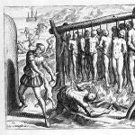 El grabador Theodor de Bry (1528-1598) aireó esta imagen de los españoles quemando indígenas en América