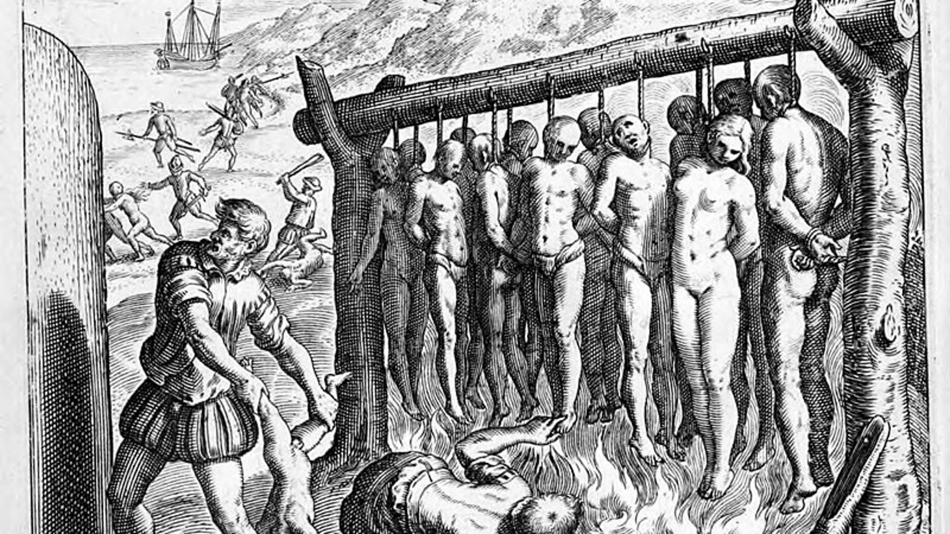 El grabador Theodor de Bry (1528-1598) aireó esta imagen de los españoles quemando indígenas en América