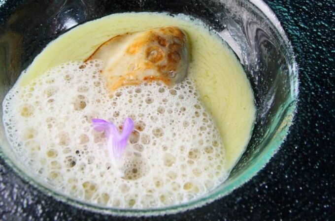 Ostra guillardeau a la plancha con crema de borrejas y emulsión de ostras del restaurante Zuberoa