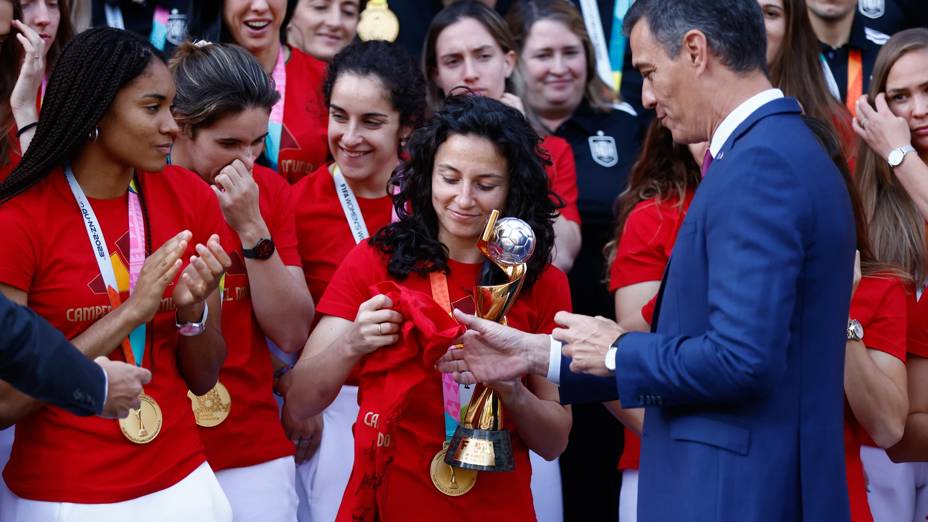 Pedro Sanchez, First Minister of Spain, receives to the players and staff of Spain Women Team as World Champions after winning the FIFA Women's World Cup Australia & New Zealand 2023 at Palacio de la Moncloa on august 22, 2023, in Madrid, Spain. Oscar J. Barroso / Afp7 22/08/2023 ONLY FOR USE IN SPAIN