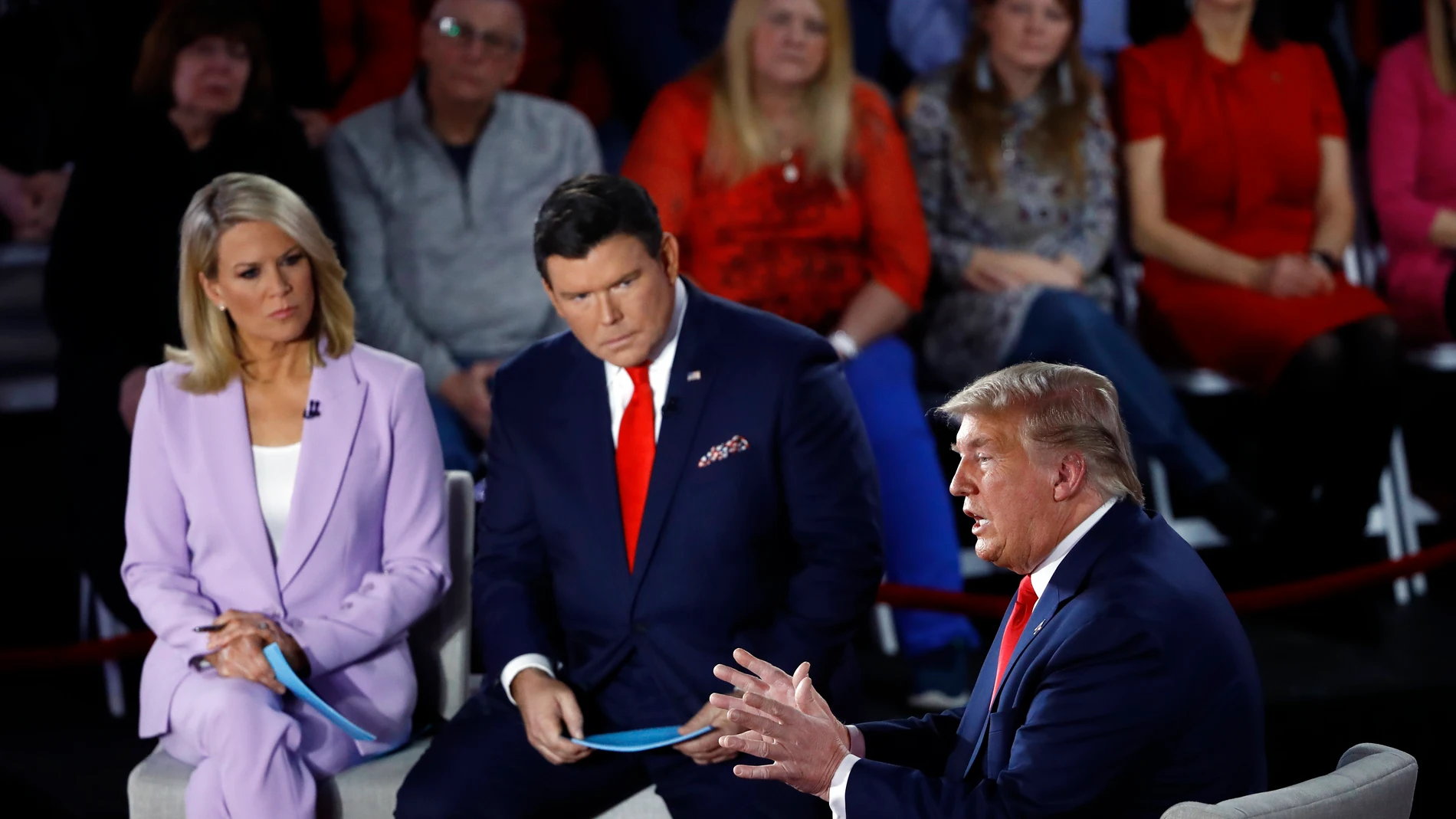 FILE - President Donald Trump speaks during a FOX News Channel Town Hall, co-moderated by FNC's chief political anchor Bret Baier of Special Report and The Story anchor Martha MacCallum, in Scranton, Pa., March 5, 2020. Former President Donald Trump's decision to back out of Fox News' first GOP primary debate this week likely costs the network a chance at a very large audience for the end of summer. Fox debate moderators Bill Baier and Martha MacCallum says Trump's exit will give other candid...