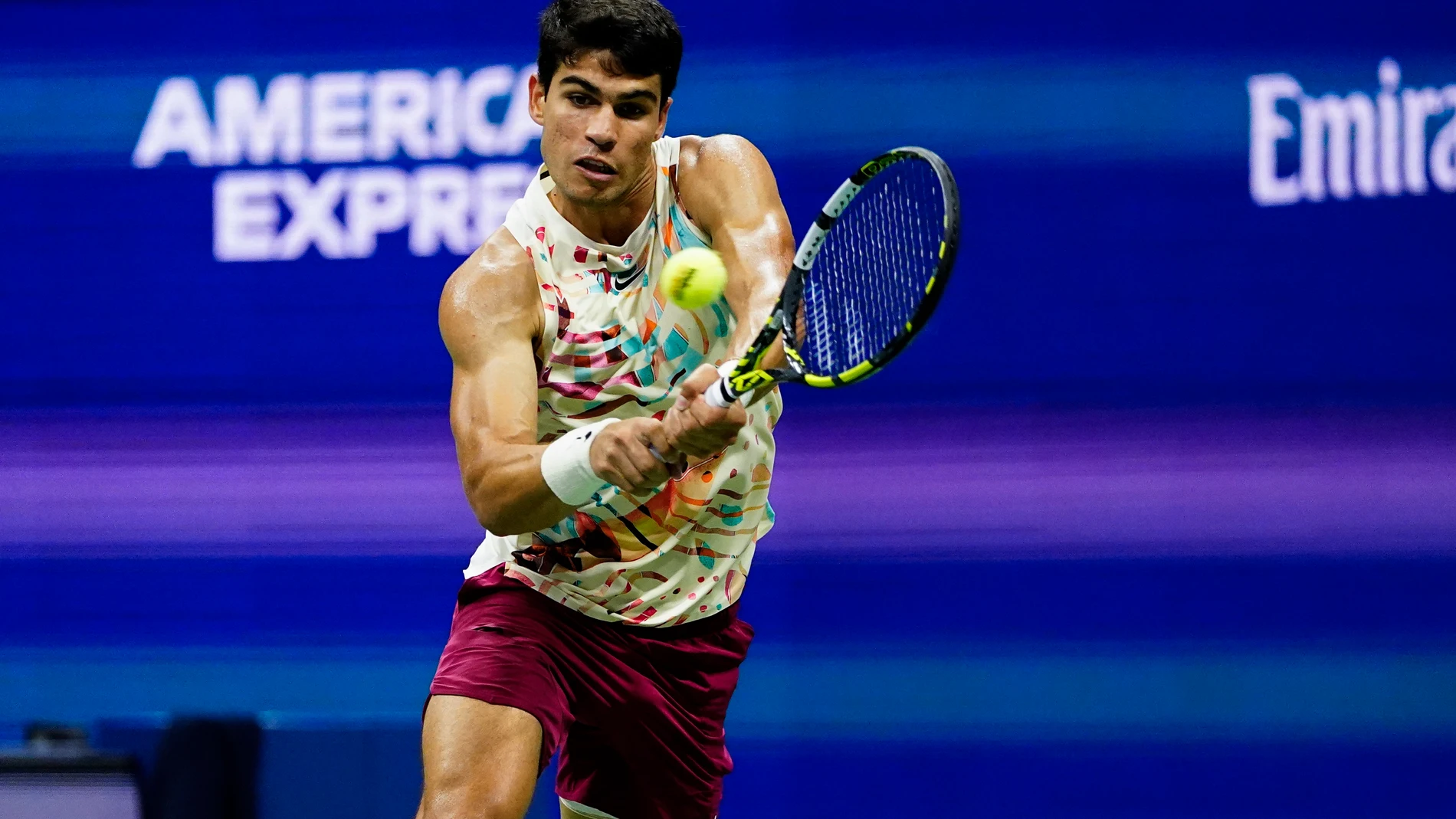 Carlos Alcaraz, of Spain, returns a shot to Dominik Koepfer, of Germany, during the first round of the U.S. Open tennis championships, Tuesday, Aug. 29, 2023, in New York. (AP Photo/Frank Franklin II)