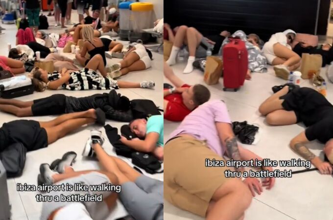 Decenas de jóvenes duermen en el suelo del aeropuerto de Ibiza mientras esperan a su avión