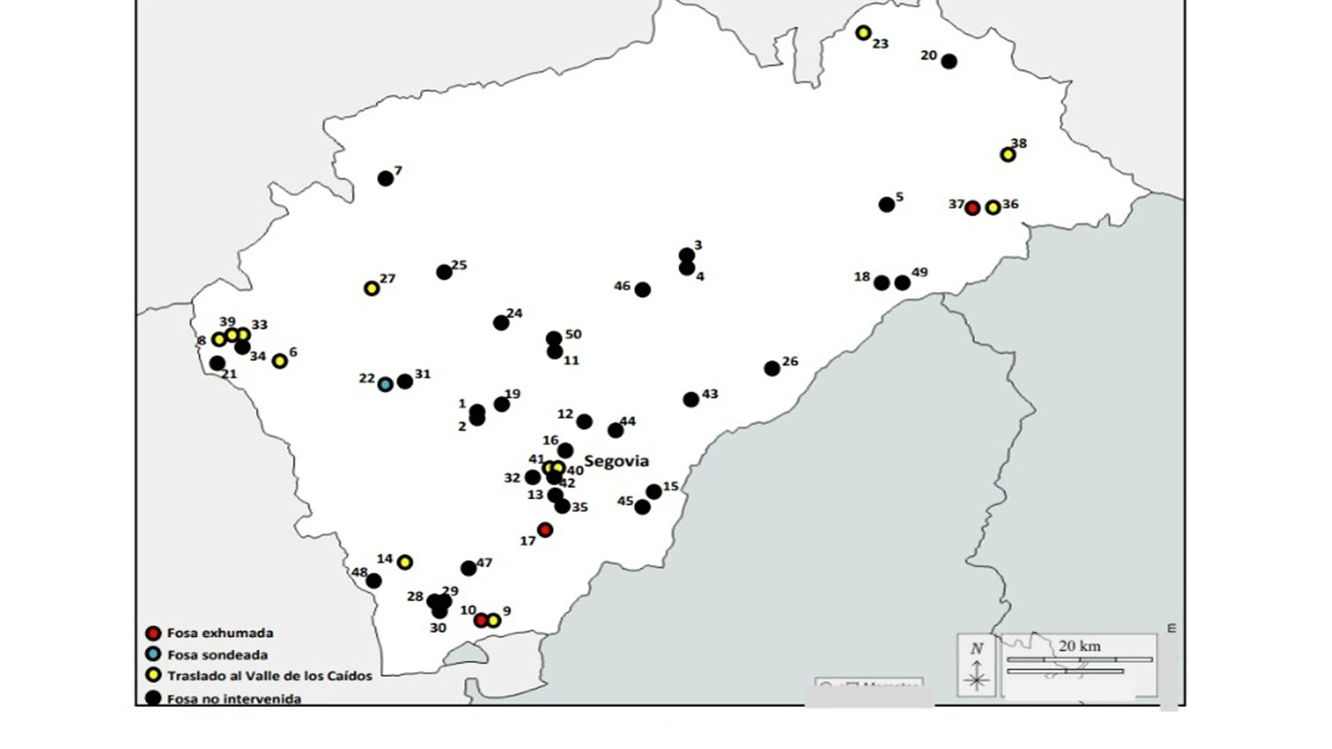 Mapa de fosas de la Guerra Civil en la provincia de Segovia