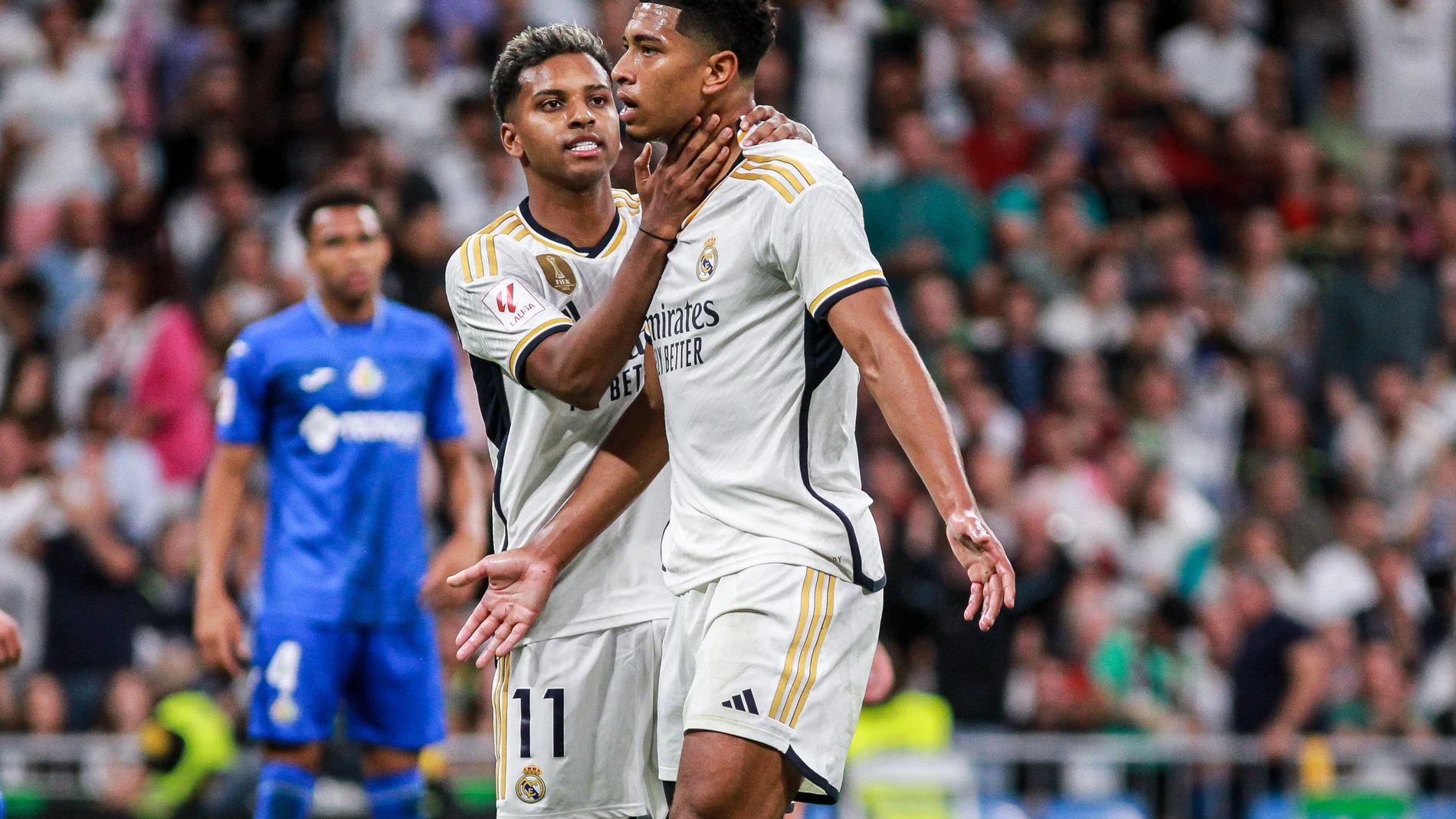 Rodrygo Goes and Jude Bellingham of Real Madrid looks on during the spanish league, La Liga EA Sports, football match played between Real Madrid and Getafe CF at Santiago Bernabeu stadium on September 02, 2023, in Madrid, Spain. Irina R. Hipolito / Afp7 02/09/2023 ONLY FOR USE IN SPAIN