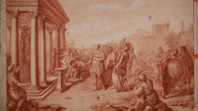El artista José Brunete representó a Julio César delante del templo dedicado a Hércules en este dibujo del siglo XVIII