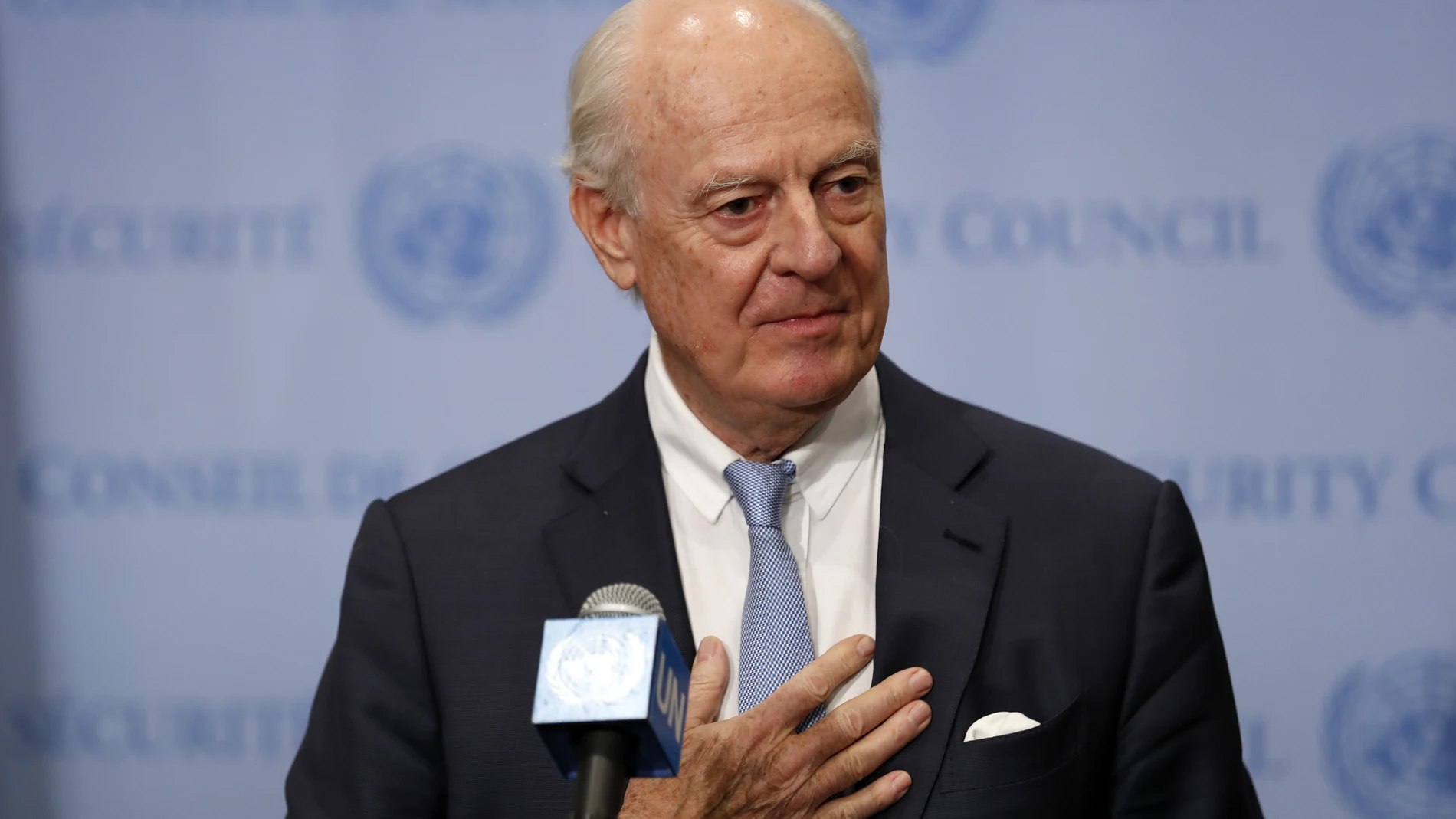 UNITED NATIONS, Dec. 20, 2018 Outgoing UN Special Envoy for Syria Staffan de Mistura speaks to journalists during a press encounter after a Security Council meeting on Syria, at the UN headquarters in New York, Dec. 20, 2018. UN Special Envoy for Syria Staffan de Mistura on Thursday received a standing ovation in the Security Council as he bid farewell. De Mistura, after four years and four months in the job, will step down by the end of the year and he will be replaced by Geir Pedersen of N...