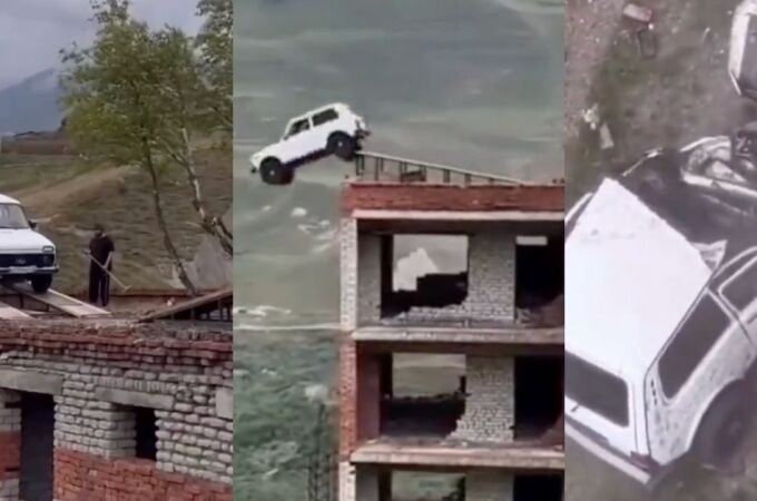 Influencer ruso sobrevive tras caer 20 metros al intentar realizar un salto con su Lada Niva entre dos edificios