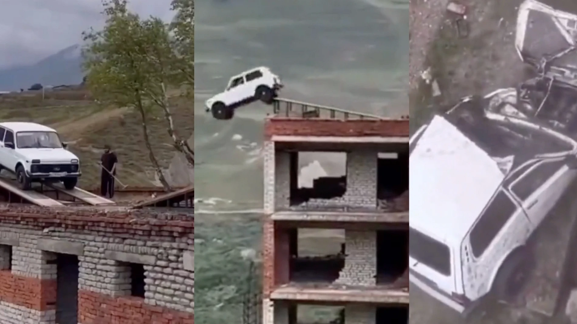 Influencer ruso sobrevive tras caer 20 metros al intentar realizar un salto con su Lada Niva entre dos edificios