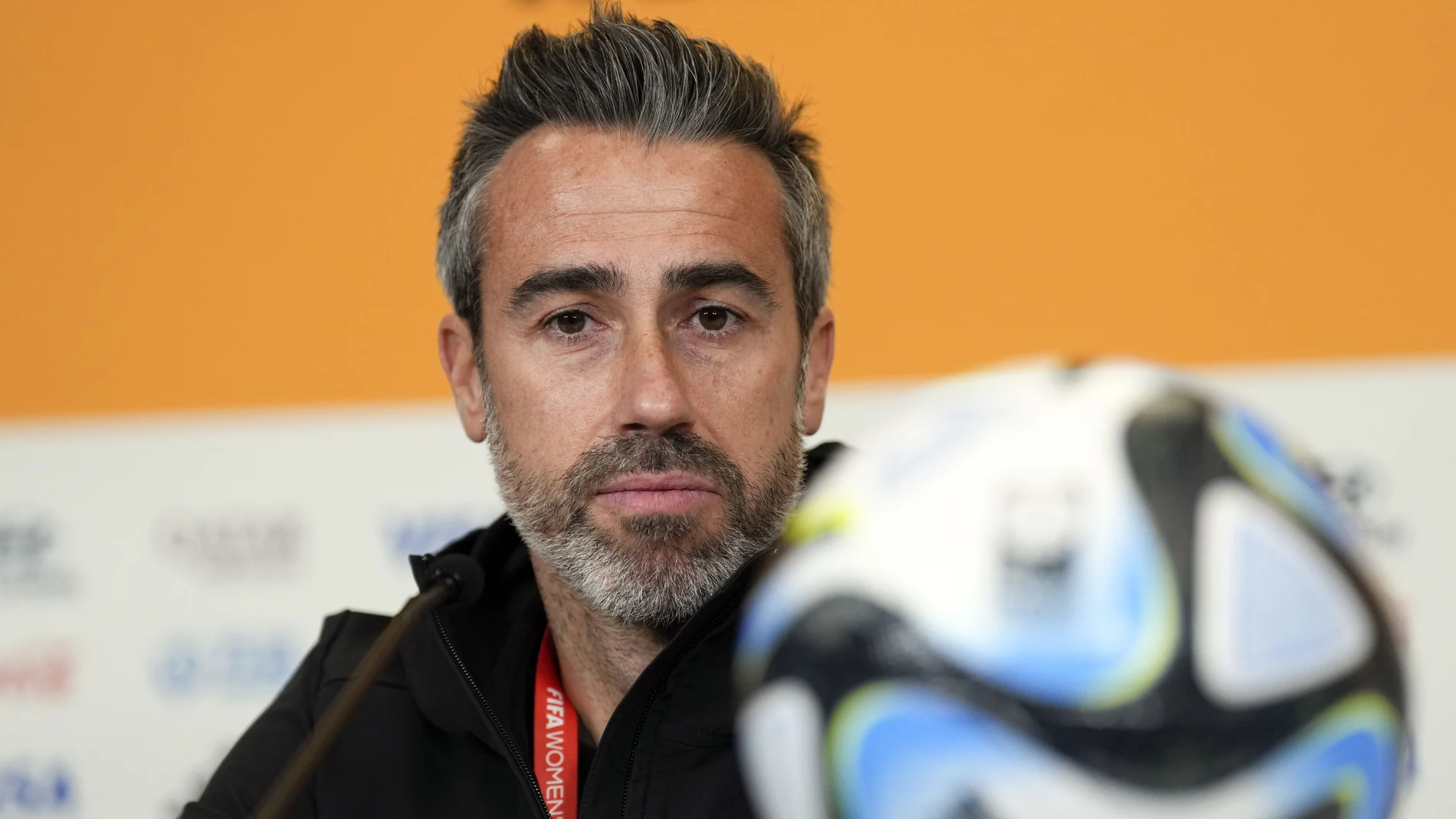 Spain's head coach Jorge Vilda attends a press conference ahead of the Women's World Cup quarterfinal soccer match between Spain and Netherlands in Wellington, New Zealand.