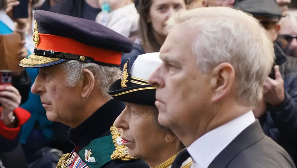 King Charles III, Princess Anne and Prince Andrew join the procession of Queen Elizabeth II's coffin from the Palace of Holyroodhouse to St Giles' Cathedral, in Edinburgh.