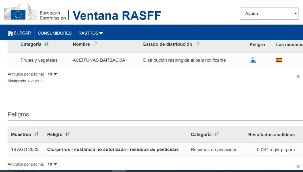 Captura de pantalla de la web RASFF