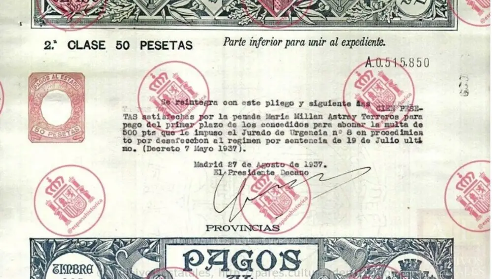 Resguardo de un primer pago de 100 pesetas de la multa de 500 impuesta a María Millán Astray