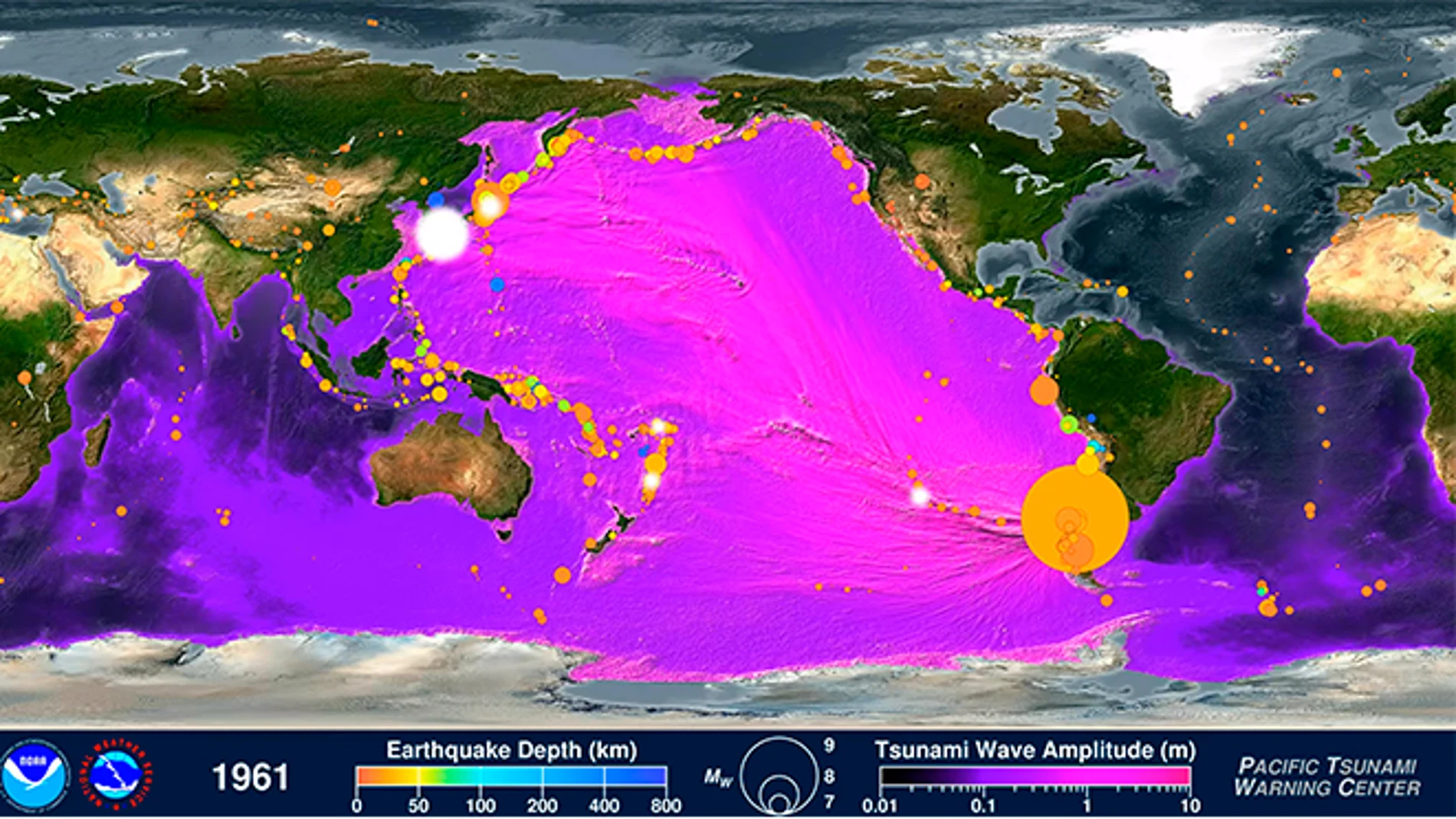 Representación del tsunami provocado por el terremoto de 1960 en Chile de magnitud 9,5.
