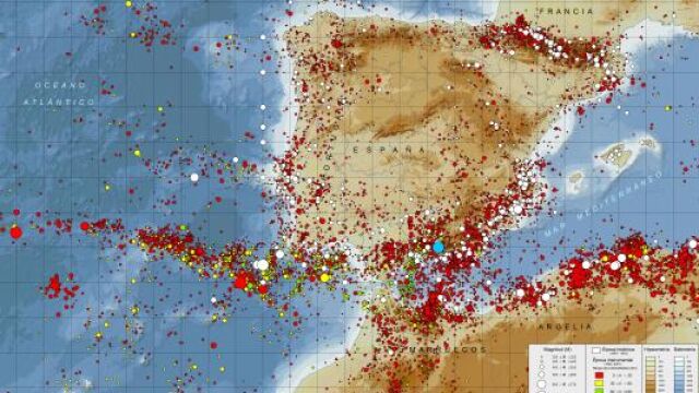 Mapa con los niveles de sismicidad en la Península Ibérica y el norte de África