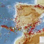Mapa con los niveles de sismicidad en la Península Ibérica y el norte de África