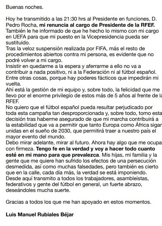 Carta de renuncia de Luis Rubiales 