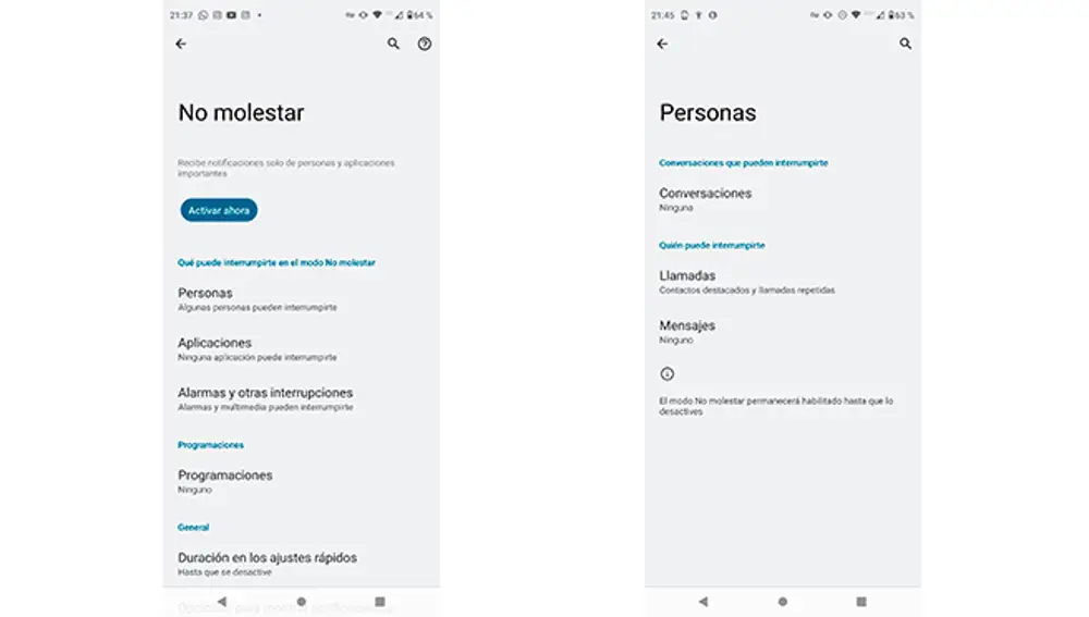 Configuración de No Molestar en Android.