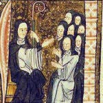 Santa Hildegarda de Bingen con sus monjas en una miniatura del siglo XIII
