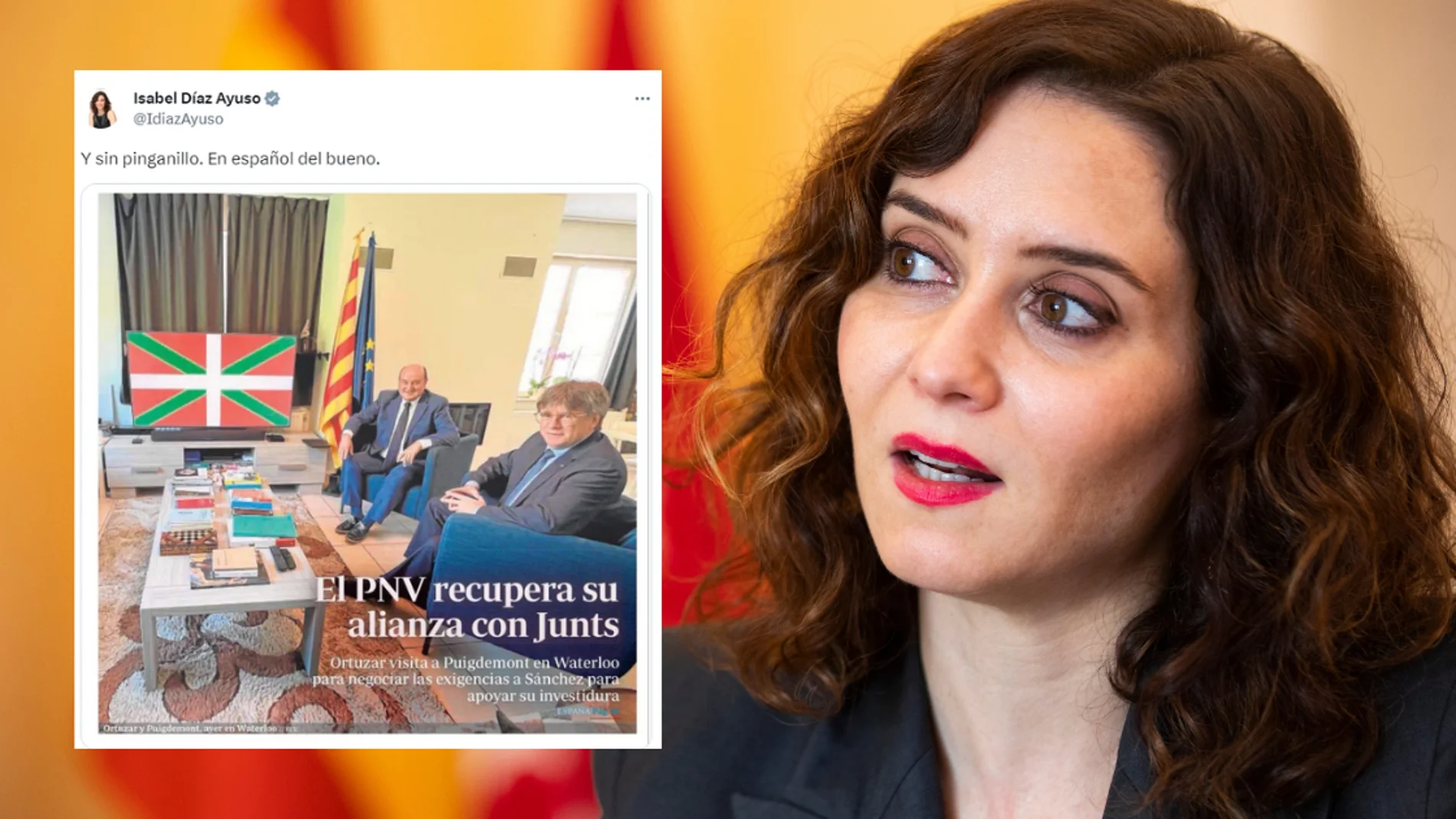 "Y sin pinganillo. En español del bueno" : La respuesta de Ayuso sobre la reunión entre Puigdemont y Ortuzar