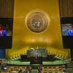 El presidente del Gobierno en funciones, Pedro Sánchez, durante su intervención en la 78º sesión de la Asamblea General de Naciones Unidas en Nueva York, 20 Septiembre 2023. 