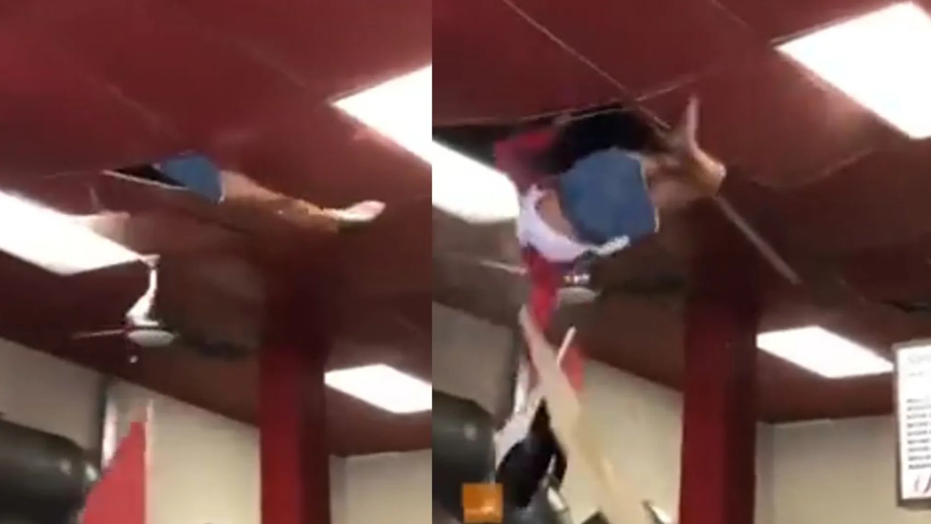 Momento en el que la mujer cae del techo del restaurante