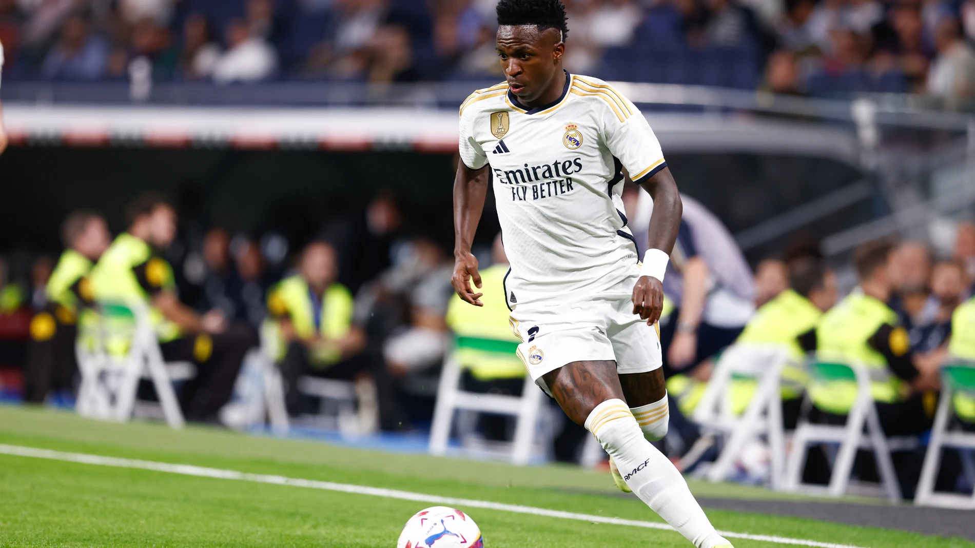 Vinicius Junior of Real Madrid in action during the spanish league, LaLiga EA Sports, football match played between Real Madrid and UD Las Palmas at Santiago Bernabeu stadium on September 27, 2023, in Madrid, Spain.Oscar J. Barroso / Afp7 27/09/2023 ONLY FOR USE IN SPAIN