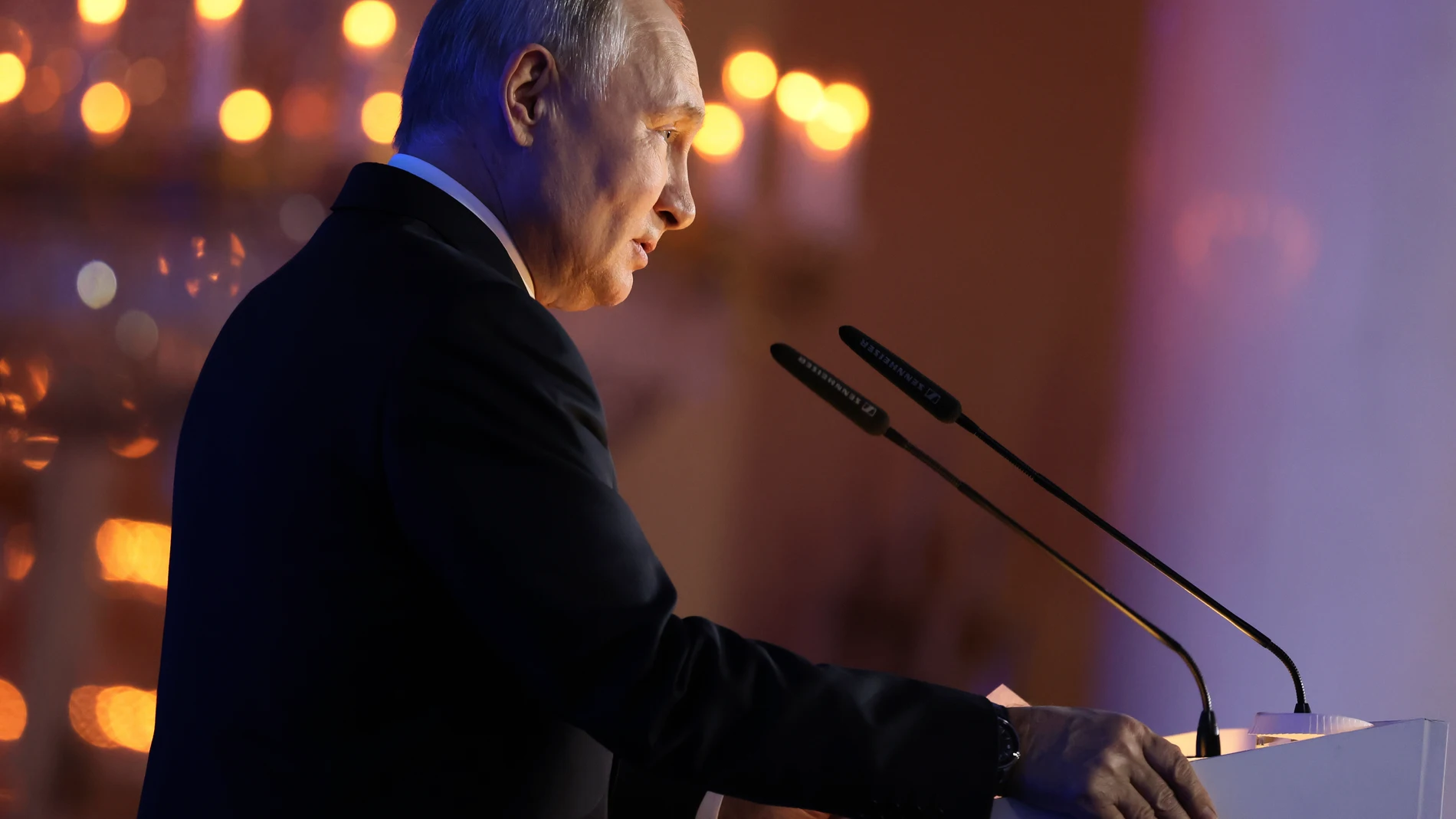 Russian President Vladimir Putin delivers a speech during the opening of the Russia - Latin America international parliamentary conference at the Pillar Hall of the House of Unions in Moscow, Russia, Friday, Sept. 29, 2023. (Mikhail Metzel, Sputnik, Kremlin Pool Photo via AP)