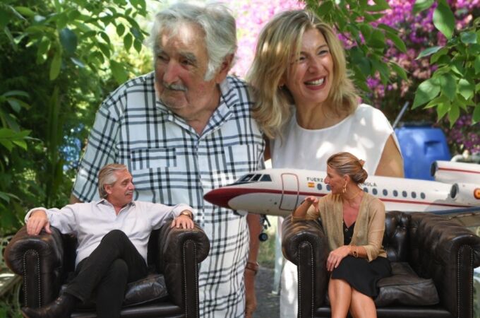 Yolanda Díaz junto a Pepe Mujica en Uruguay (arriba) y junto al Presidente de Argentina, Alberto Fernández (abajo) en 2022