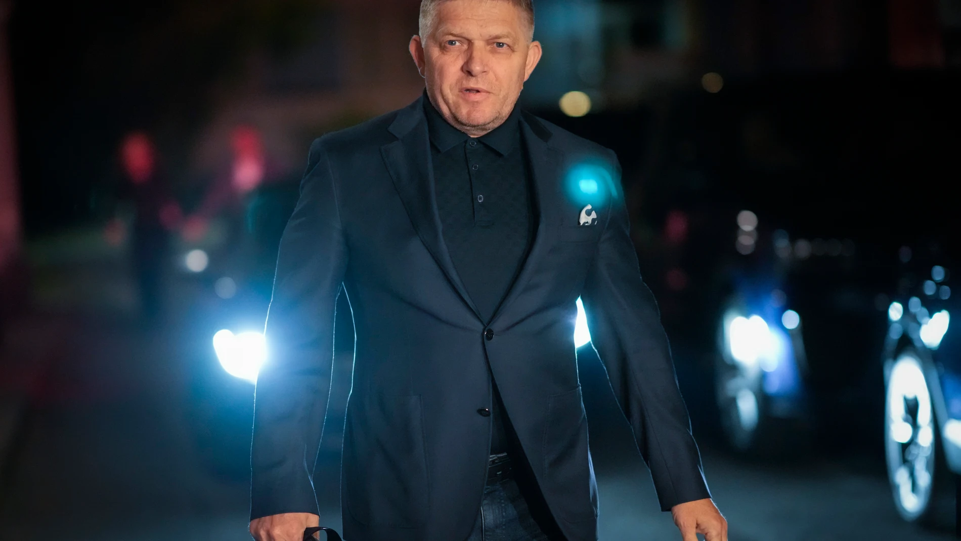 Former Prime Minister Robert Fico arrives to his party's headquarters after polling stations closed for an early parliamentary election, in Bratislava, Slovakia, Saturday, Sept. 30, 2023. (AP Photo/Darko Bandic)