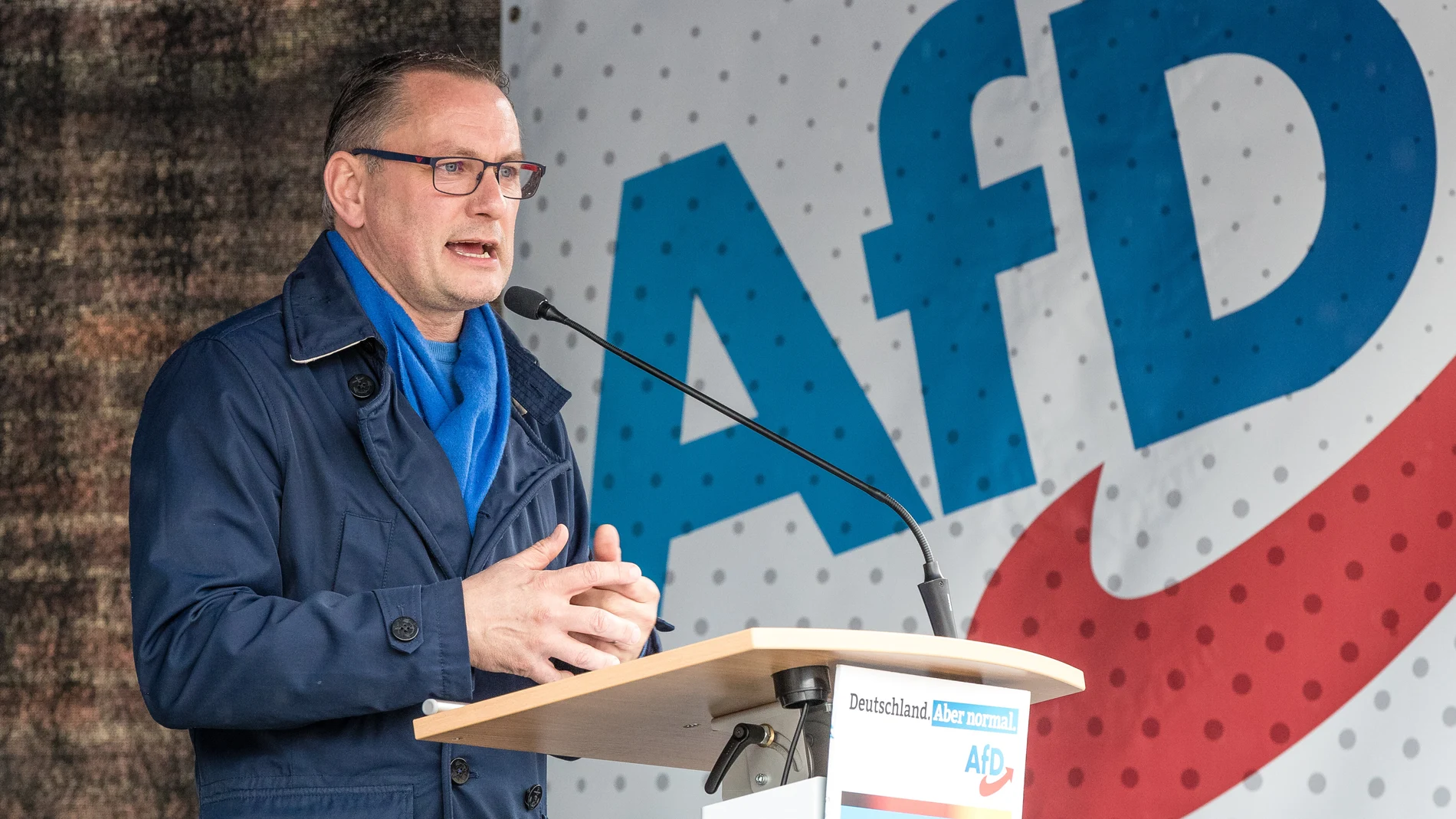 16 April 2023, Brandenburg, Cottbus: Tino Chrupalla, Chairman of the Alternative for Germany (AfD), speaks at an event held by the AfD Brandenburg and registered as a "peace demonstration" on Cottbus' Oberkirch square. Photo: Frank Hammerschmidt/dpa (Foto de ARCHIVO) 16/04/2023 ONLY FOR USE IN SPAIN