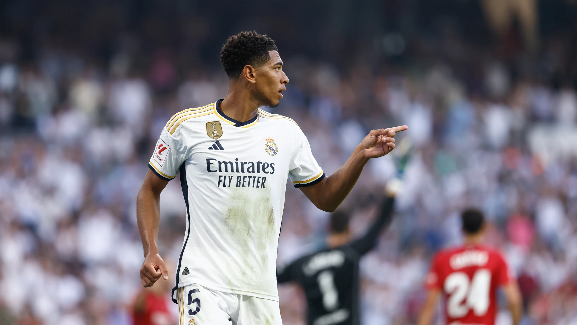 Jude Bellingham of Real Madrid celebrates a goal during the spanish league, La Liga EA Sports, football match played between Real Madrid and CA Osasuna at Santiago Bernabeu stadium on October 7, 2023, in Madrid, Spain. Oscar J. Barroso / Afp7 07/10/2023 ONLY FOR USE IN SPAIN