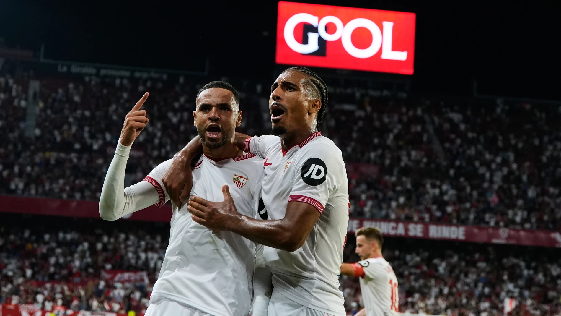 Youssef En-Nesyri of Sevilla FC celebrates a goal during the Spanish league, LaLiga EA Sports, football match played between Sevilla FC and Rayo Vallecano at Ramon Sanchez-Pizjuan stadium on October 7, 2023, in Sevilla, Spain. Joaquin Corchero / Afp7 07/10/2023 ONLY FOR USE IN SPAIN