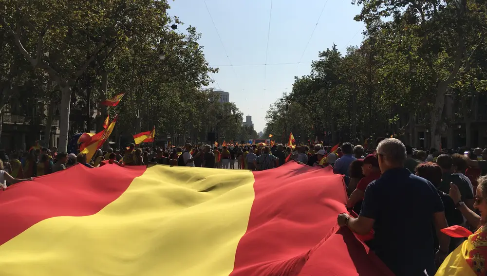 La bandera española en la manifestación del 8-O de Barcelona
