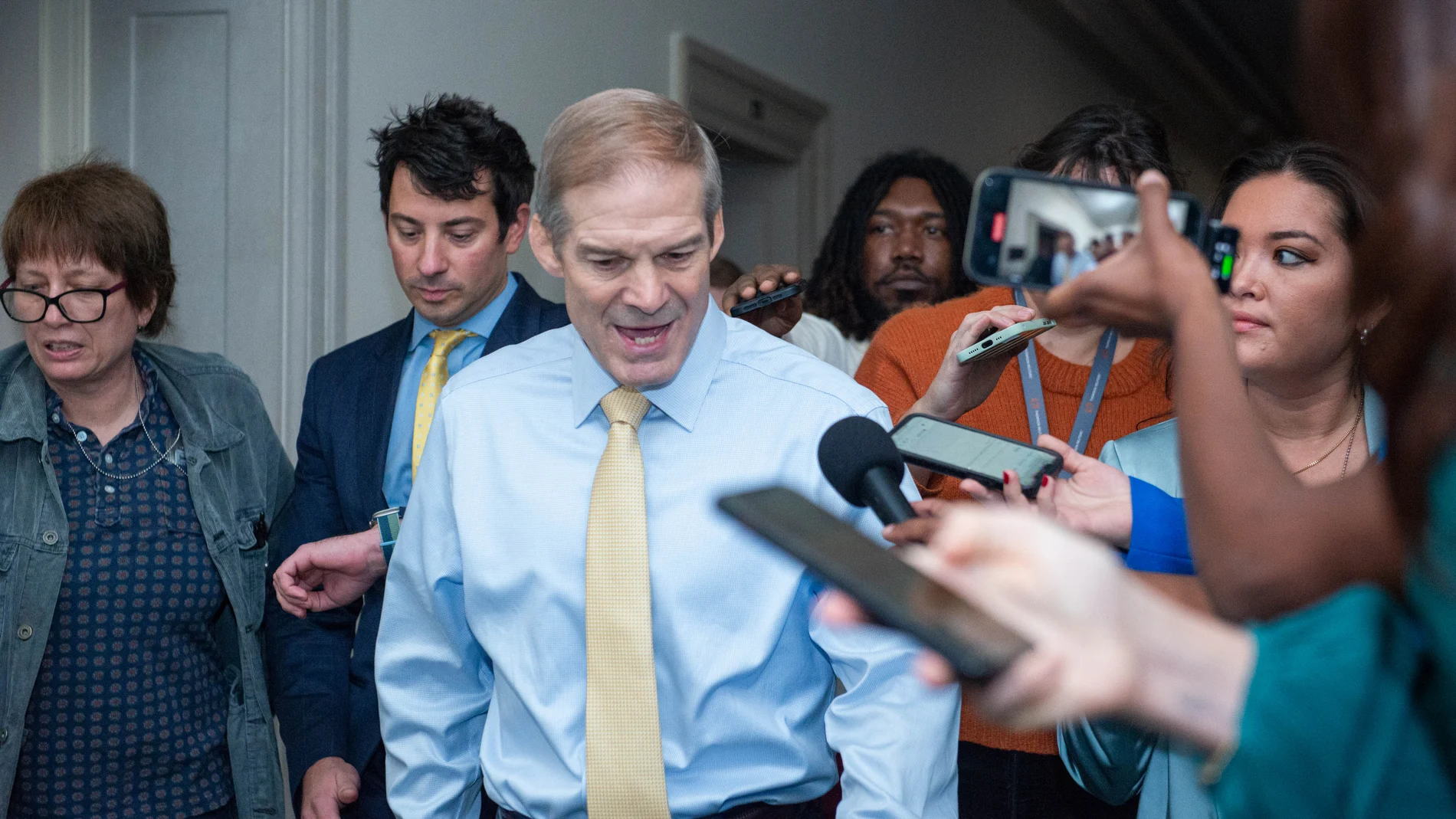 October 13, 2023, Washington, District of Columbia, USA: United States Representative Jim Jordan (Republican of Ohio) talks to press in the midst of another GOP caucus in the Longworth House Office Building on Friday, October 13, 2023. The meeting is set to determine their new nomination for Speaker after United States House Majority Leader Steve Scalise (Republican of Louisiana) dropped out of the race last night. Currently, the only person running is United States Representative Jim Jordan ...