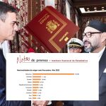 En el montaje, imágenes de la nota de prensa del INE sobre nacionalidades concedidas en 2022 y, de fondo, Pedro Sánchez saludando a Mohamed VI durante su visita oficial a Marruecos