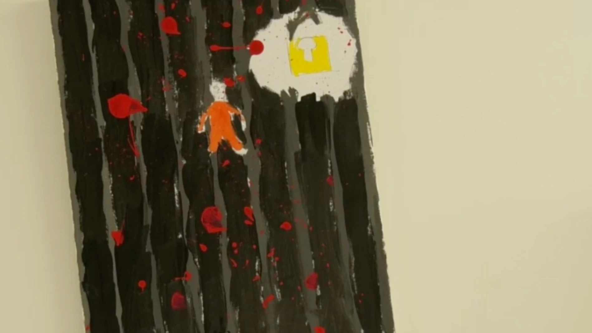 Dibujo del etarra Mikel Otegi en prisión donde se percibe un candado y manchas rojas
