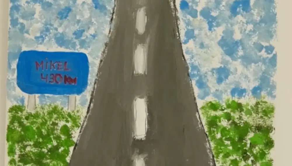 Dibujo de otra niña que ilustra una carretera donde aparece un cartel con los kilómetros de distancia donde está el etarra Mikel Otegi 
