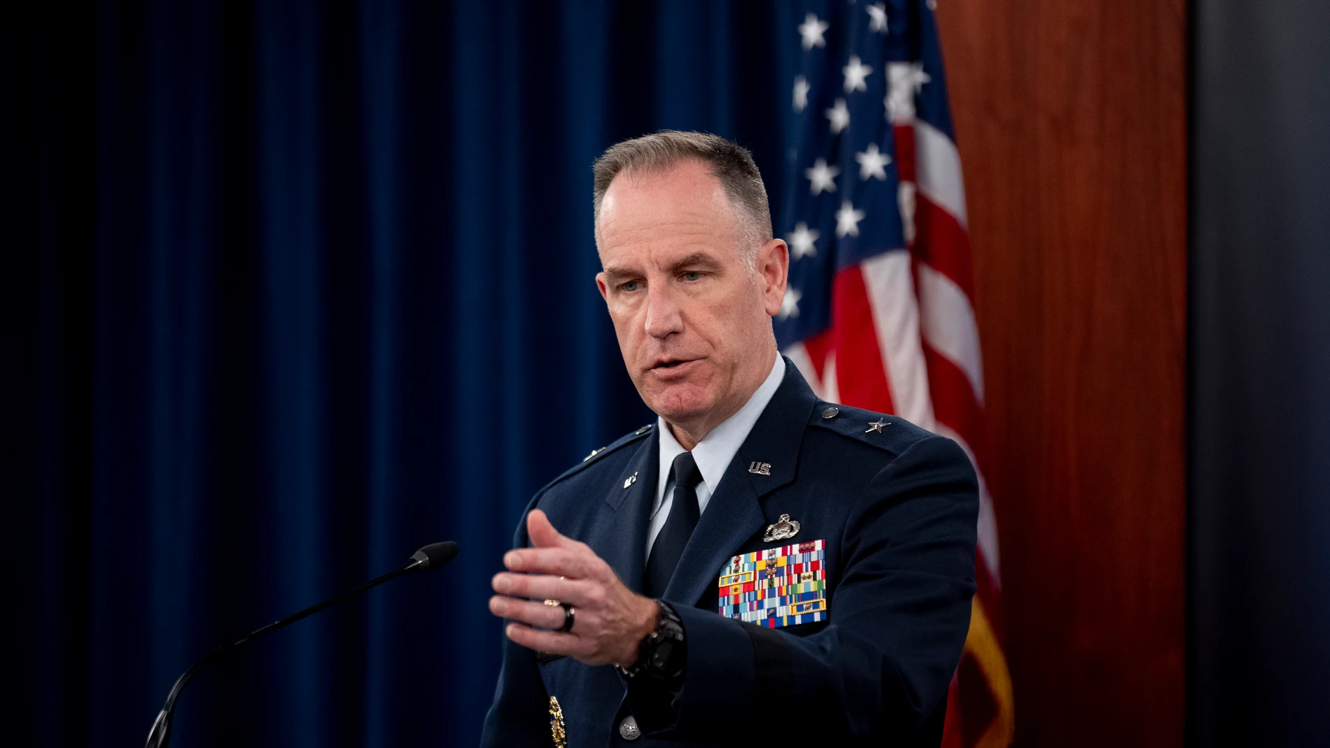 Pentagon spokesman Air Force Brig. Gen. Patrick Ryder speaks during a briefing at the Pentagon in Washington, Thursday, Oct. 19, 2023. (AP Photo/Andrew Harnik)