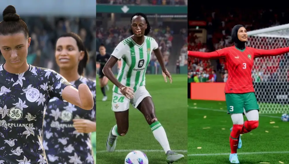 Las futbolistas Carson Pickett, Tiffany Cameron y Nouhaila Benzina en el FC 24