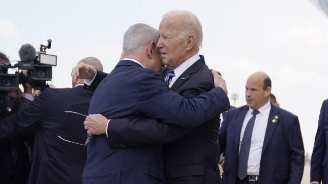 President Joe Biden is greeted by Israeli Prime Minister Benjamin Netanyahu after arriving at Ben Gurion International Airport, Wednesday, Oct. 18, 2023, in Tel Aviv. 