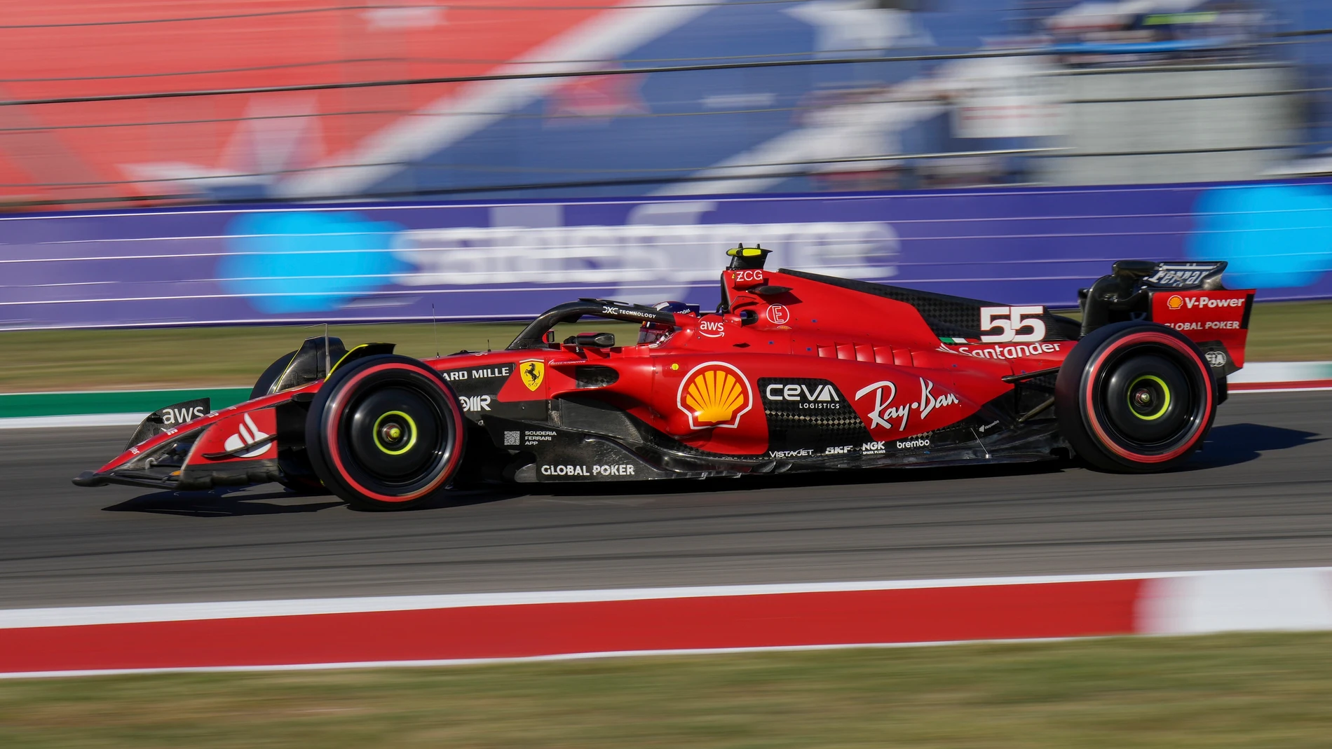Ferrari driver Carlos Sainz, of Spain, drives during qualifying for the Formula One U.S. Grand Prix auto race at Circuit of the Americas, Friday, Oct. 20, 2023, in Austin, Texas. (AP Photo/Nick Didlick)
