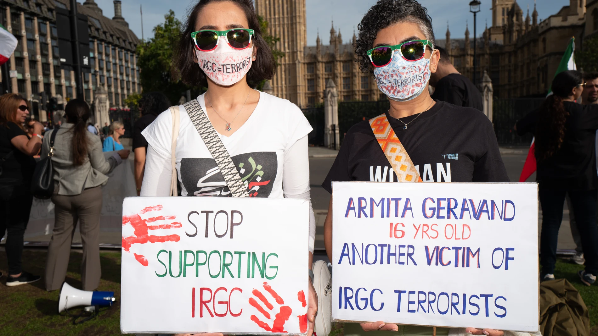 October 8, 2023, London, United Kingdom: Activists from Stage of Freedom group in London was protesting in Westminster today against brutal Iranian regime. Teenage girl Armita Garawand, said to be in a coma in Iran after she was allegedly assaulted by the country morality police just little over a year after death of Mahsa Amini. The teenager has been in a coma since last Sunday due to "severe physical assault by the morality police officers", according to Organization for Human Rights websi...