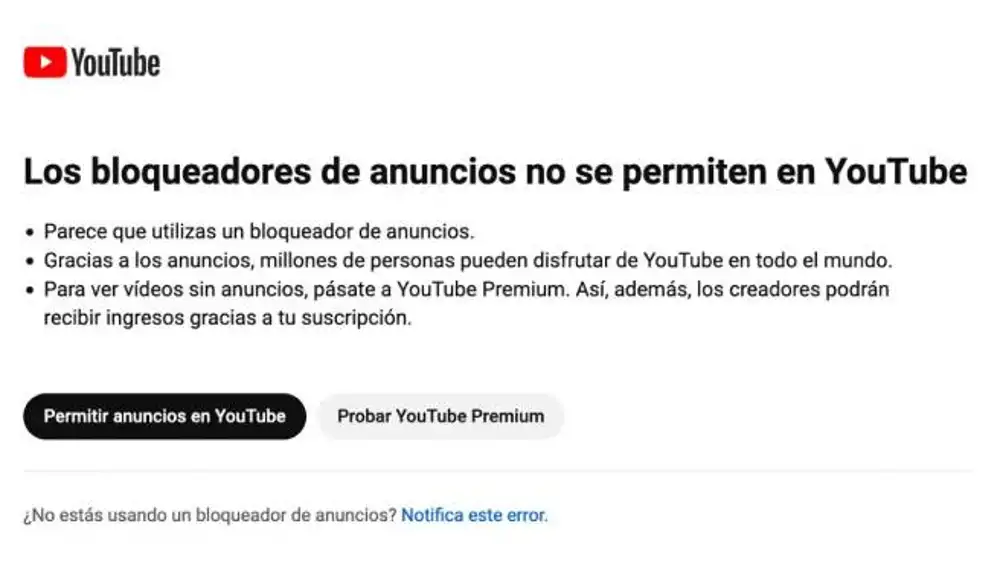 Advertencia de YouTube contra los bloqueadores. 