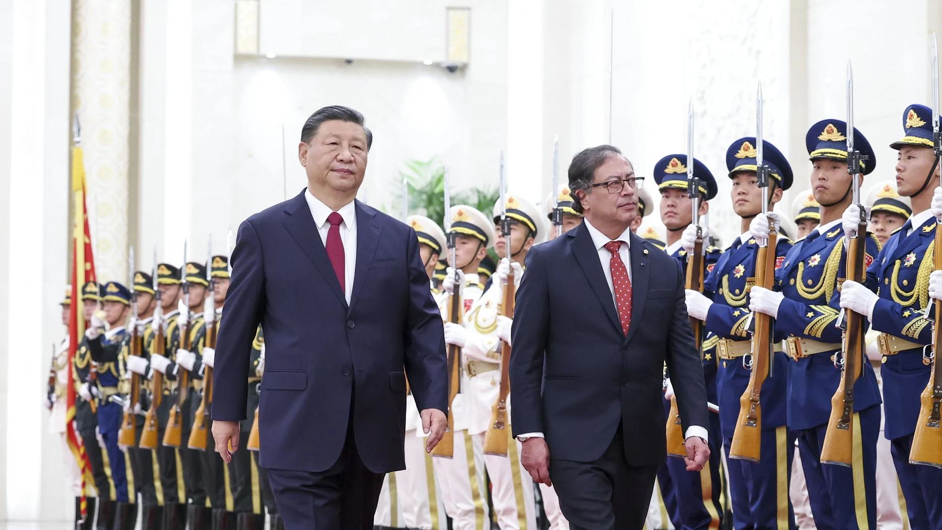 Chinese President Xi Jinping holds a welcoming ceremony for Colombian President Gustavo Francisco Petro Urrego in the Northern Hall of the Great Hall of the People prior to their talks in Beijing, China, 25 October 2023.