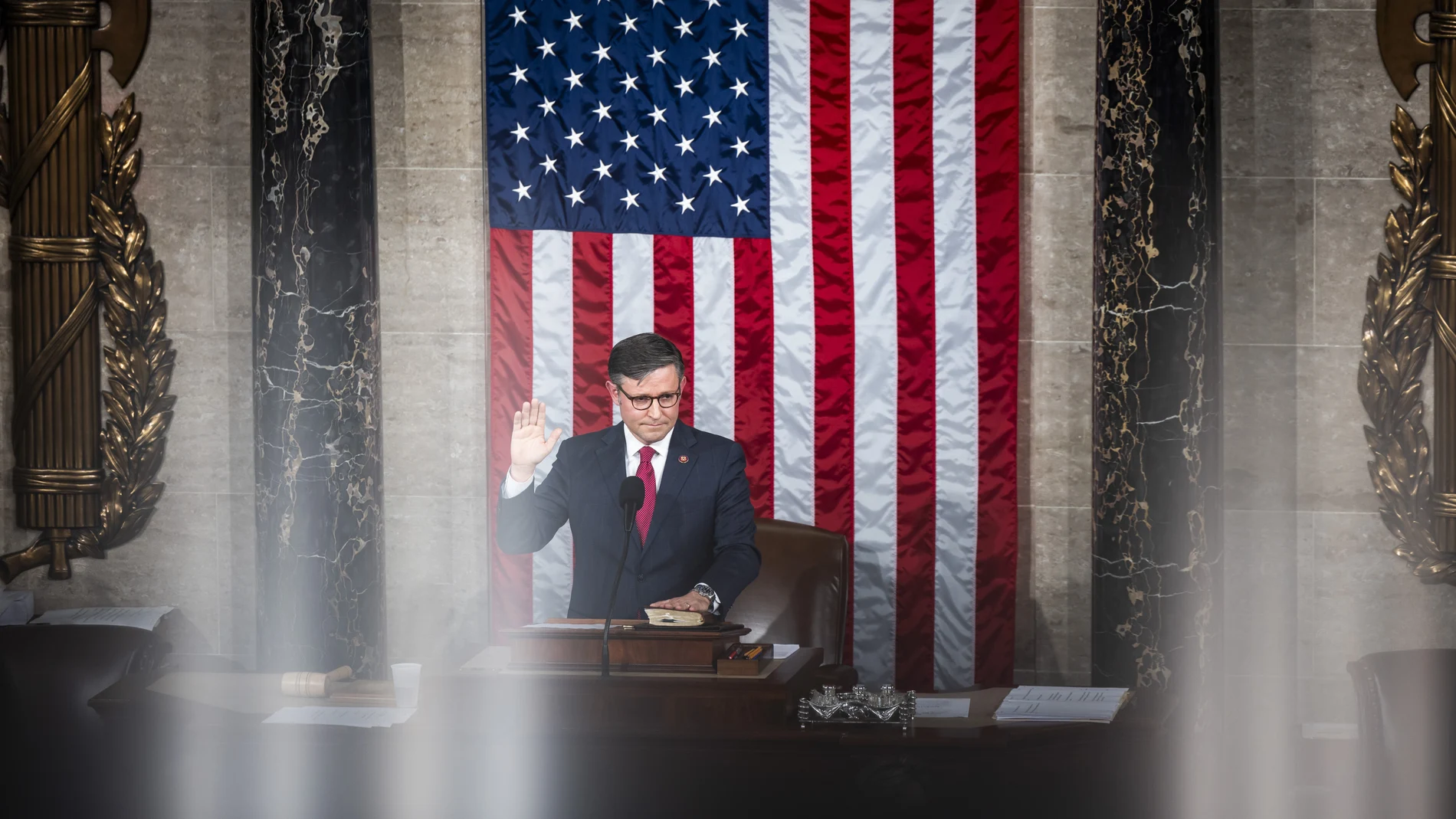 Republican lawmaker from Louisiana Mike Johnson is sworn-in as the next speaker of the house inside the House of Representatives of the US Capitol in Washington, DC, USA, 25 October 2023.