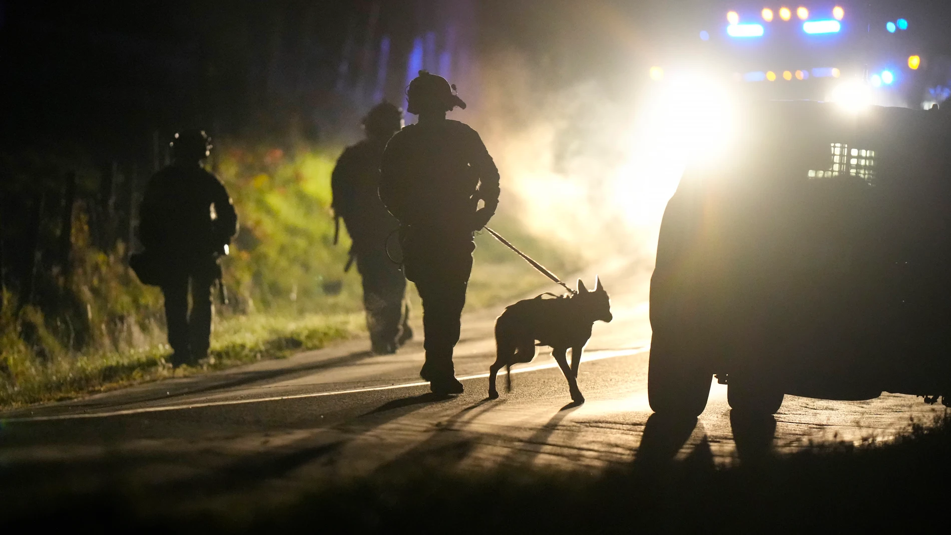 A member of law enforcement walks with a police dog outside a property on Meadow Road, in Bowdoin, Maine, Thursday, Oct. 26, 2023. (AP Photo/Steven Senne)
