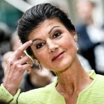 German left-wing politician Sahra Wagenknecht talks to the media after presenting plans for a new political project called 'Alliance Sahra Wagenknecht' in Berlin, Germany, 23 October 2023